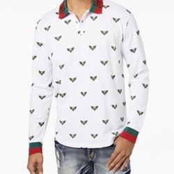 Men's Snake Roses White Embroidered Graphic-Print Rugby Polo