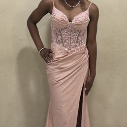 Light Pink glitter prom dress with corset top and slit