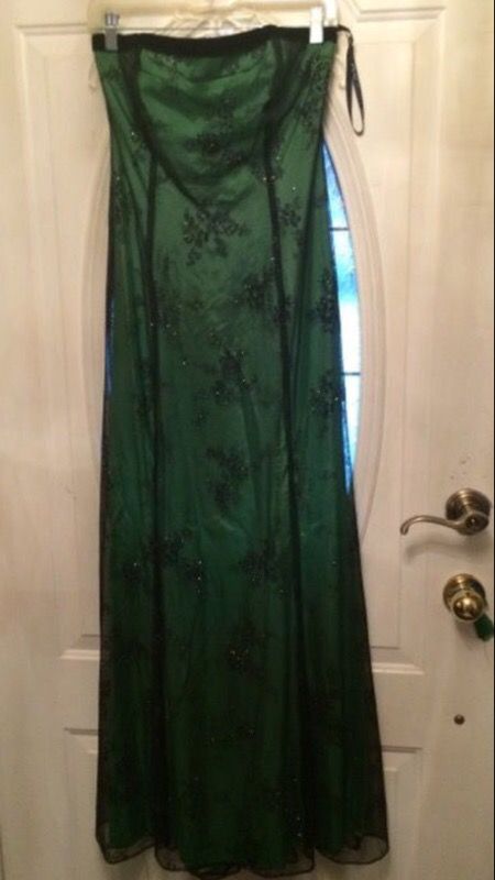 Long strapless emerald green and black sheer dress