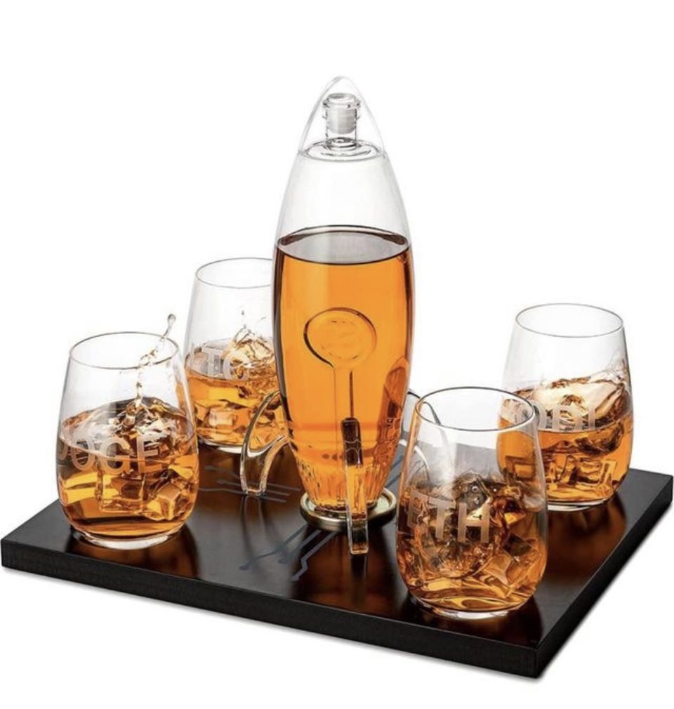 Bitcoin Rocket Whiskey Decanter Set with 4 Glasses & Wooden base NIB