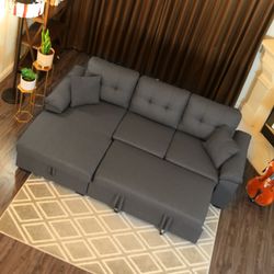 97" x 59" 3-Seats Sleeper Sectional Sofa Bed W/ Chaise Storage, Pull Out Sleeper