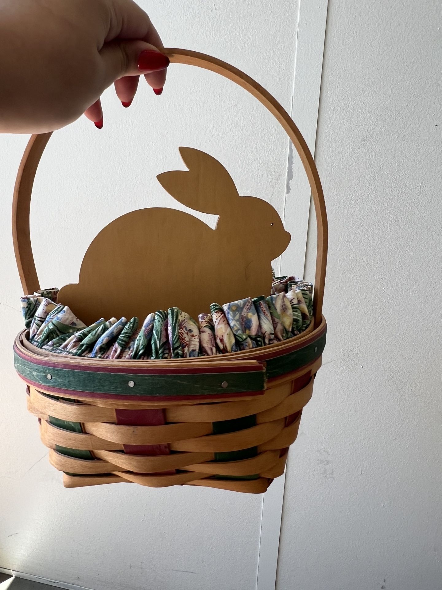 1999 Longaberger Easter Basket, Fabric Liner, Protector, & 3D Bunny Wood Insert