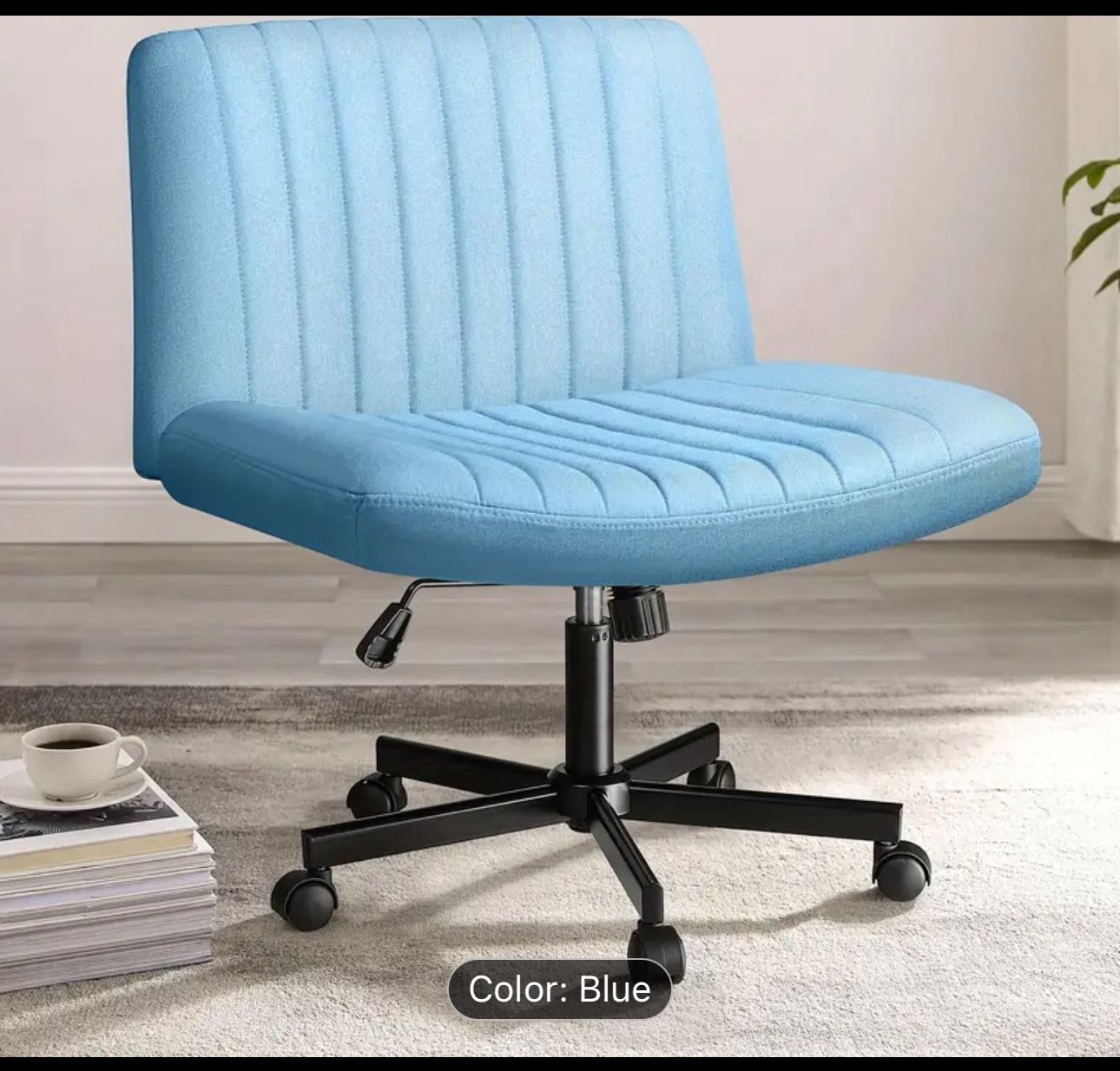 PUKAMI Criss Cross Chair with Wheels,Fabric Padded Armless Cross Legged Office Desk Chair for Home Office,Modern Swivel Height Adjustable Wide Seat Co