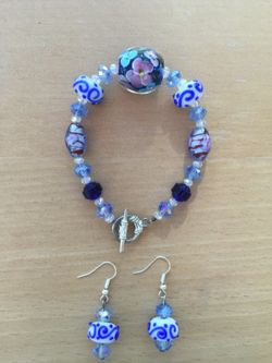 Lamp Work Sapphire Flower Bracelet Earrings Set