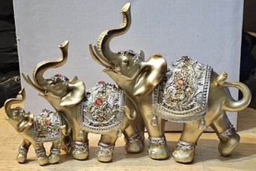 GOLD ELEPHANT FAMILY TRUNK UP GOOD LUCK FORTUNE POWER ANIMAL FIGURINE STATUE