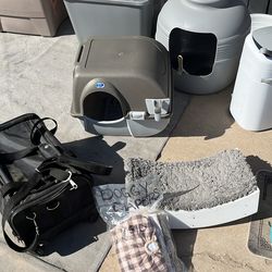 Cat litter boxes and other various pet supplies, mostly cat stuff, litter, genie, self cleaning litter, box, kitty backpack, and airline approved pet 
