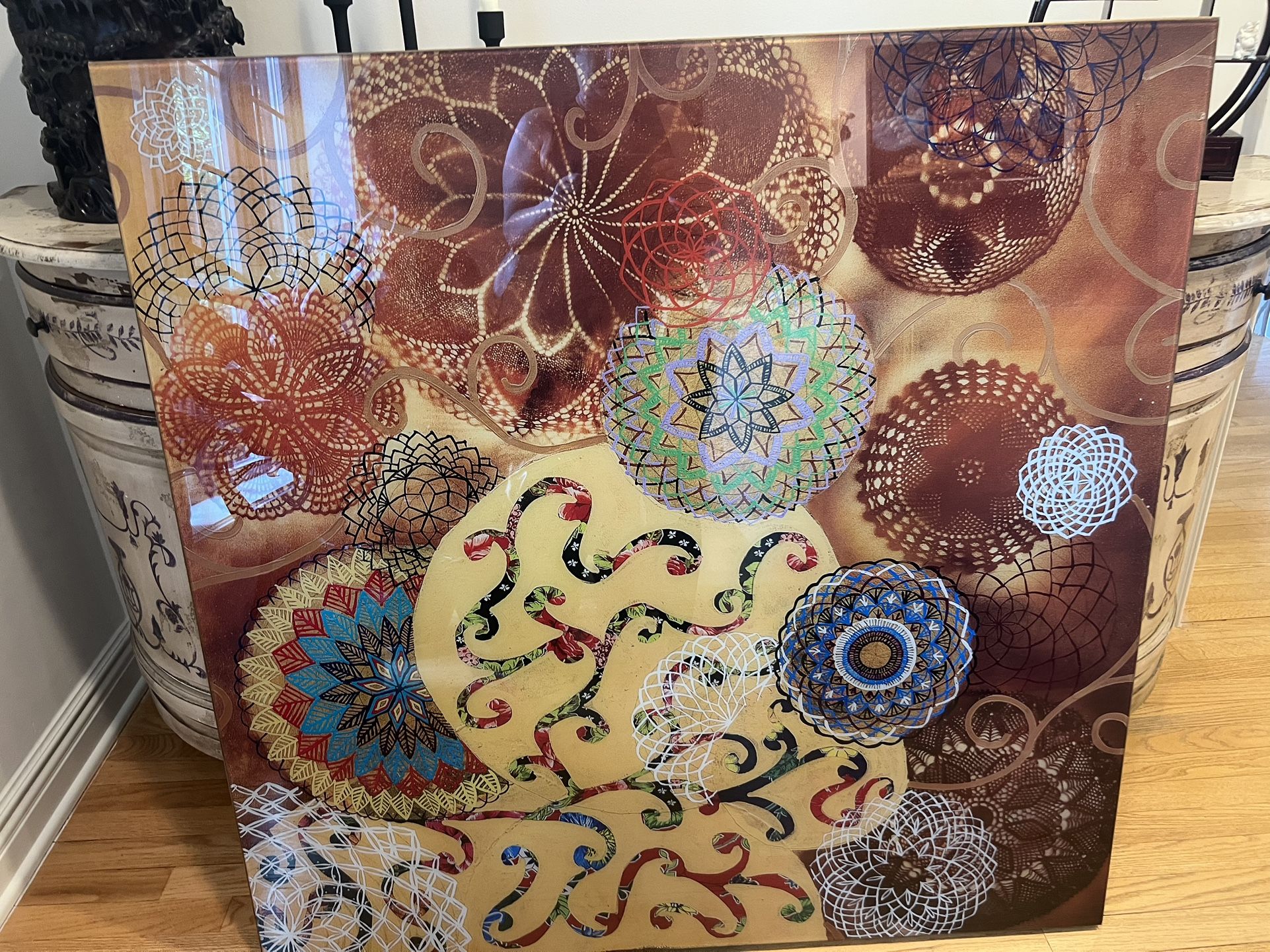 Beautiful Carla Schwab Collage Print on Glass—Signed & Numbered 44” Square Very heavy and substantial Smoke free household