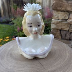 Vintage Mid Century Modern Glamour Girl | Lady Head Flower Vase 6.75" Tall | Gift Idea | Blonde Hair, Blue Eyes Lady