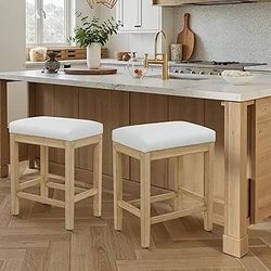 Counter Height Bar Stools Set of 2 for Kitchen Counter Farmhouse Modern Barstools with Faux Leather Upholstered Backless Seat and Solid Wood Leg