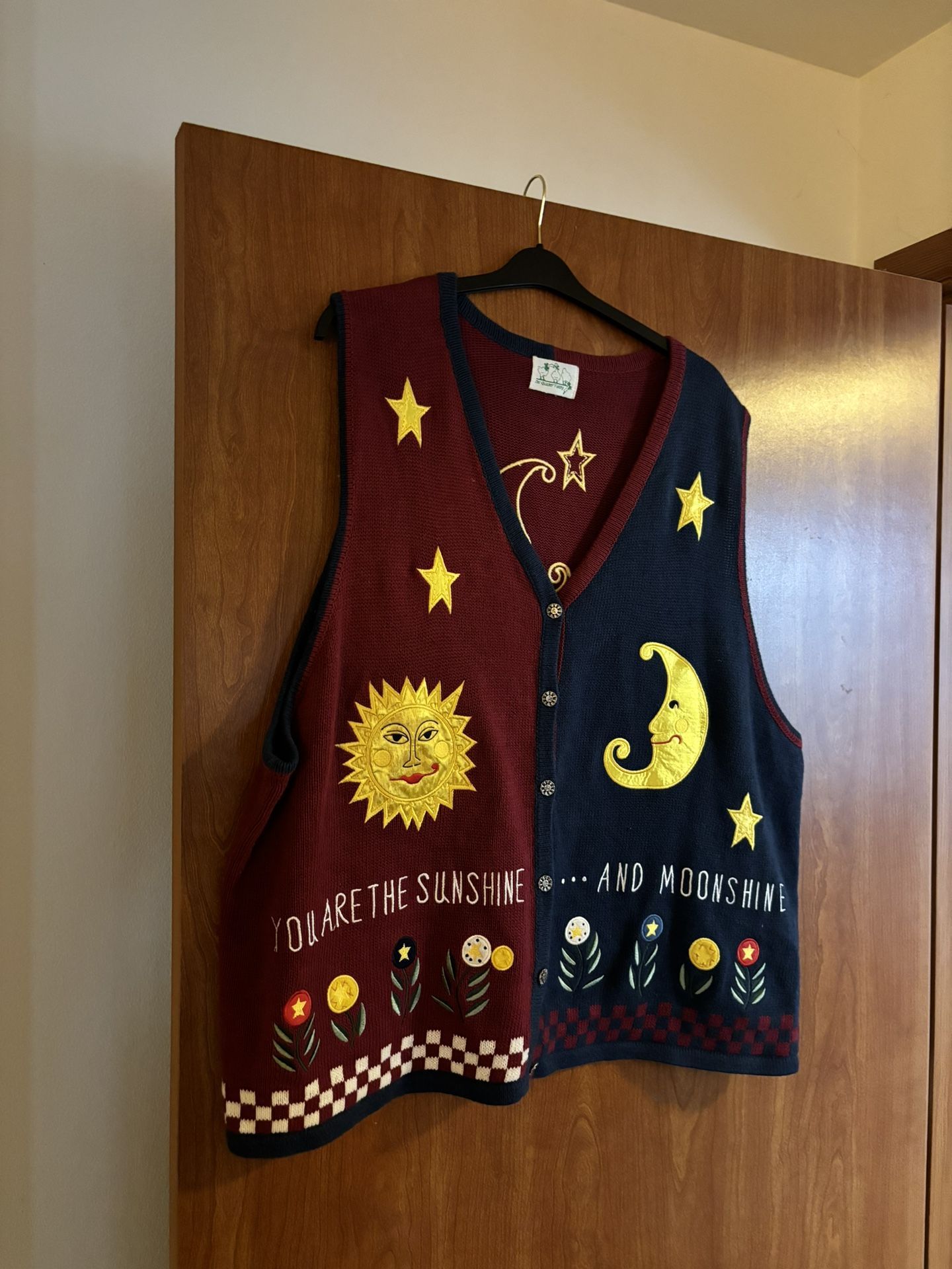Vintage Quacker Factory Celestial Sun, Moon & Star Sweater Vest 3XL