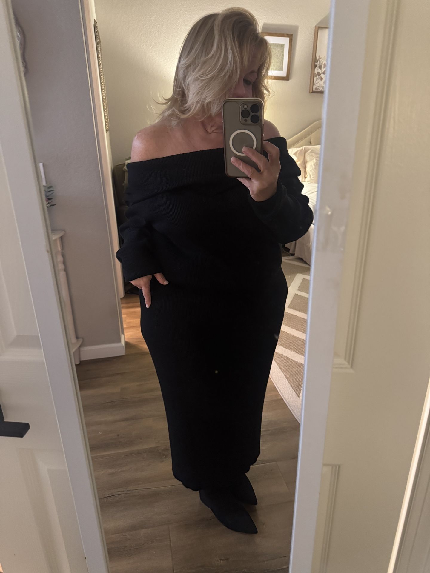 Women’s black off the shoulder sweater knit dress