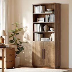 70'' Tall Bookcase with Doors, 7-Tier Bookshelf with Cabinet & Adjustable Shelves, Wooden Floor Standing Display Bookshelves with Storage Cabinet for 