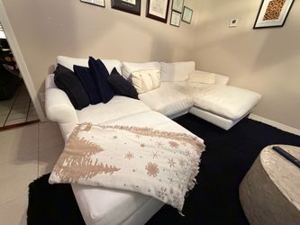 White fabric denim couch with ottoman & Coffee table ($450 obo)