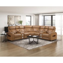Power Reclining Sectional with Consoles, Power Headrests, Storage Arms, Cup holders, Charging Ports, Wireless speakers and LED lighting