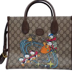 Gucci Disney Donald Duck Tote Bag Printed GG Coated Canvas Medium Brown
