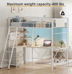Loft Bed Twin Size with L Shaped Desk,Storage,LED Lights & Charging Station,Metal Twin Loft Bed with 2 Storage Shelves and 3 Fabric Drawers,Loft Beds