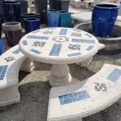 Concrete Mosaic Picnic Table with 3 Benches/ Outdoor Patio Furniture