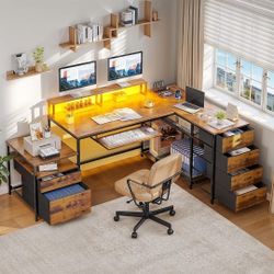 L Shaped Desk with File Drawers, 71" L Shaped Computer Desk with Power Outlet & LED Lights