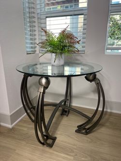 Modern Round Glass Table - Unique Sculptural Metal Base