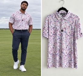 Bad Birdie Men’s Large Colorful Paint Splatter Golf Polo Shirt