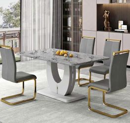 Modern Faux Marble Dining Table with 4 Grey and Gold Chairs