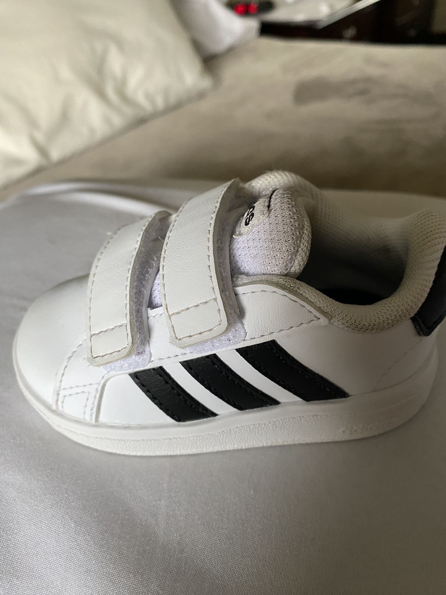 White Adidas Toddler Shoes, with Black Stripes, Size 5