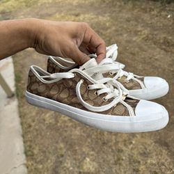 Coach Logo Empire Brown and Tan Lace-Up Canvas Sneakers Size 10B