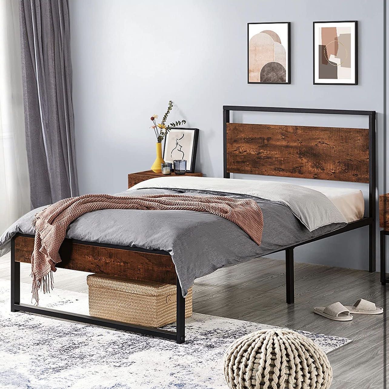 Twin Metal Platform Bed Frame with Rustic Wooden Headboard and Footboard, Single Country Bed for Boys& Girls, No Box Spring Needed/12 Inch Underbed St