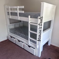 Solid Wood Twin/Twin Bunk Bed With 3 Drawers And Memory Foam Mattresses $1,080