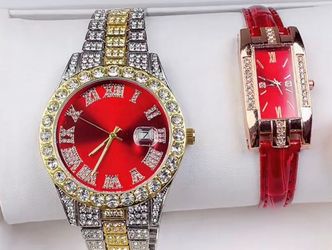 New Red Couples Watch Set – Rhinestone Luxury Style – Gift Box Included