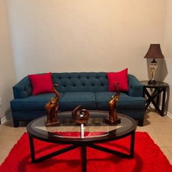 Teal Sofa With  2 Cushions, Coffee Table , Side table And Lamp 
