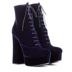 Prada Navy Velvet Platform Chunky Heel Boots