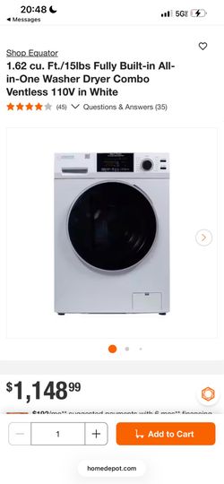 1.62 cu. Ft./15lbs Fully Built-in All-in-One Washer Dryer Combo Ventless 110V in White Questions & A