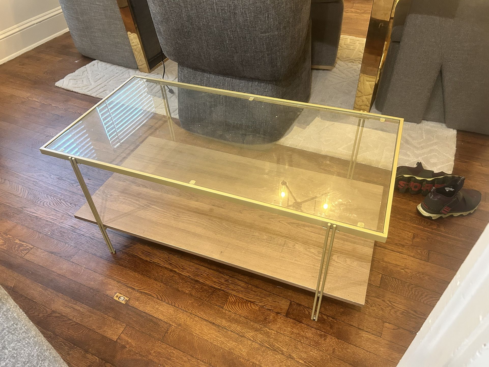 Small Glass And Wood Coffee Table 20” X 36”