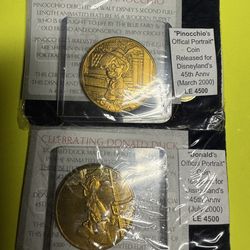 Rare Disney 45 yrs of magic Pinocchios & Donald’s coin LE 4500 each
