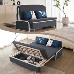 New in a sealed box 43”Wx74”Dx25”H Dark Gray Sofa Bed with Underseat Storage, White Metal Frame and Coir Mattress for Apartment Living(E450)