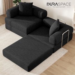 199cm comfortable folding Japanese-style sofa, springless modular two-seater sofa, (black chenille fabric)
