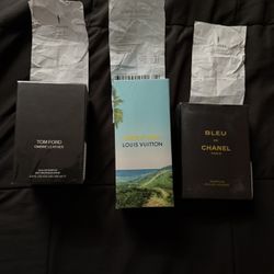 "Luxurious Fragrance Collection: Tom Ford Ombre Leather, Louis Vuitton Pacific Chill, & Bleu de Chanel Perfume"