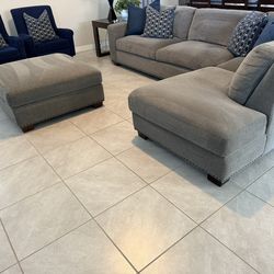 Grey Sectional Couch Sofa and Two Blue Chairs