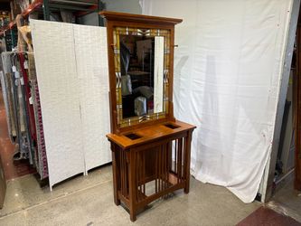 Vintage Mission Style Oak Hall Tree with Mirror and Stained Glass