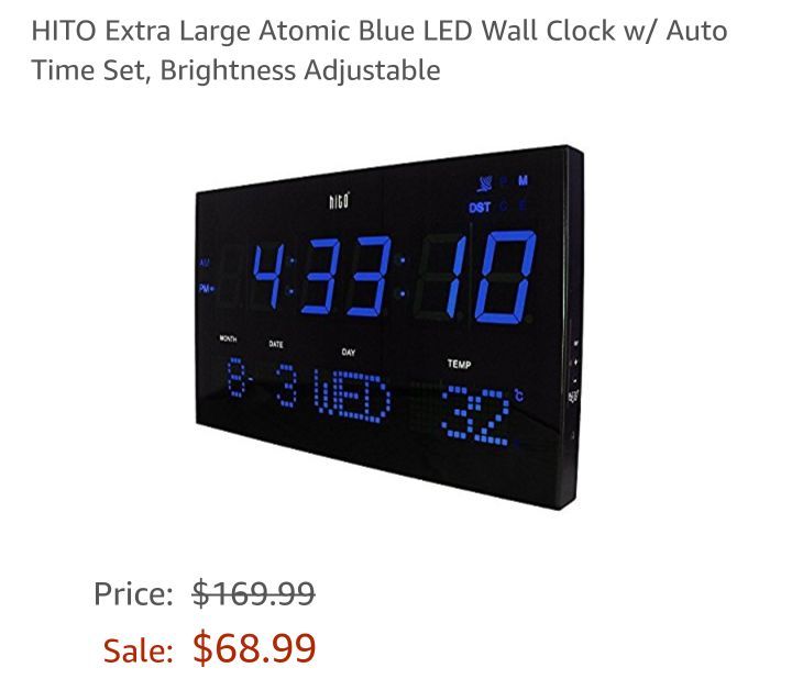 New HITO Extra Large Atomic Blue LED Wall Clock w/ Auto Time Set, Brightness Adjustable for Sale
