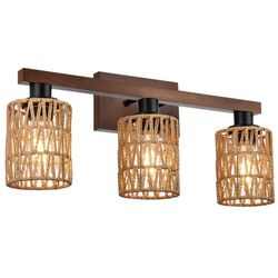 Rustic 3 Light Bathroom Vanity Light Rattan Wall Sconce 24 Inches Farmhouse Bathroom Light Fixtures
