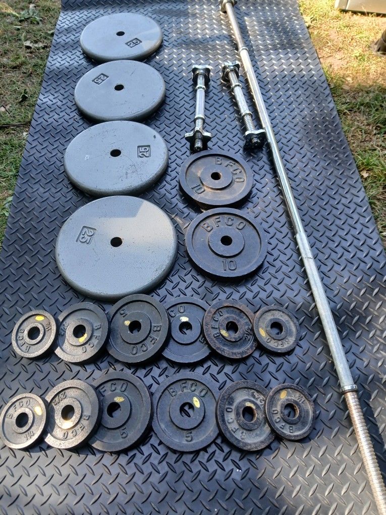 Weights Plates With Barbell and Handlebars.