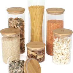  kitchen box set® 7 pcs, glass storage containers with bamboo lids, sealed glass containers for food storage and organization - glass storage c