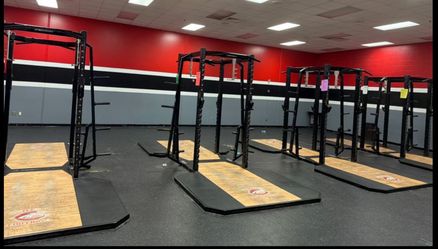 Rogers Athletic power pull up racks with wood & rubber floors