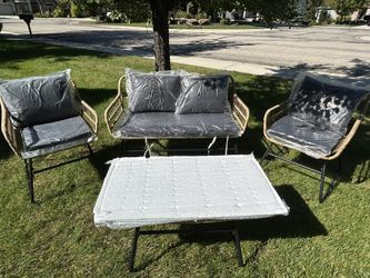 Originally $550 Online! Full Patio Set With Glass Table. Assembled But Still In Protective Packaging.