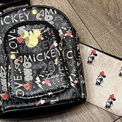 Disney Mickey Mouse Black Vegan Leather “love Omg” All over Print Backpack EUC