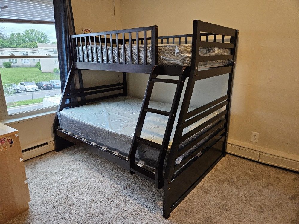 Brand New Special Espresso Color Twin Full Bunk Bed With Both Mattresses