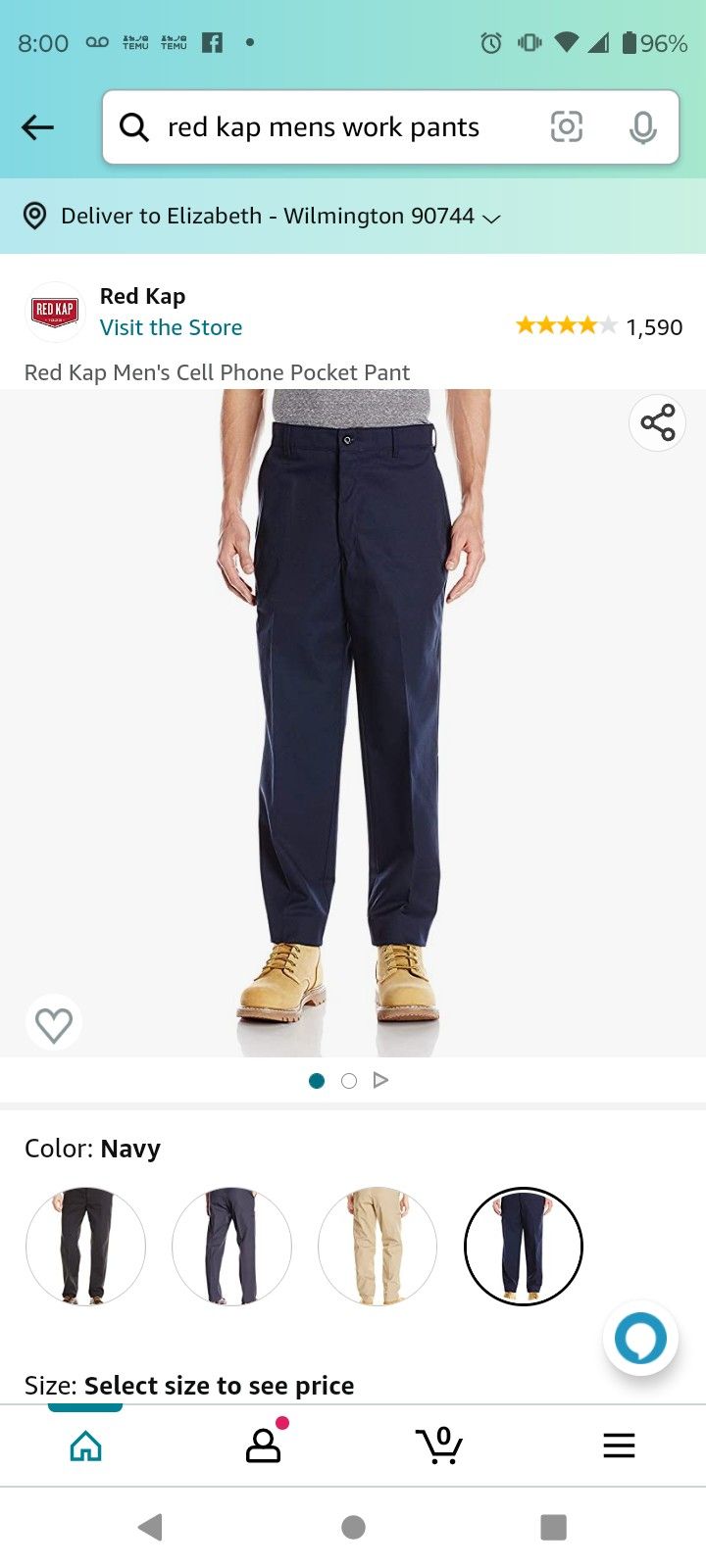 Red Kap Men's Cell Phone Pocket Pant 36 x 32