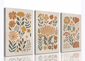 Boho Floral Canvas Wall Art Set of 3